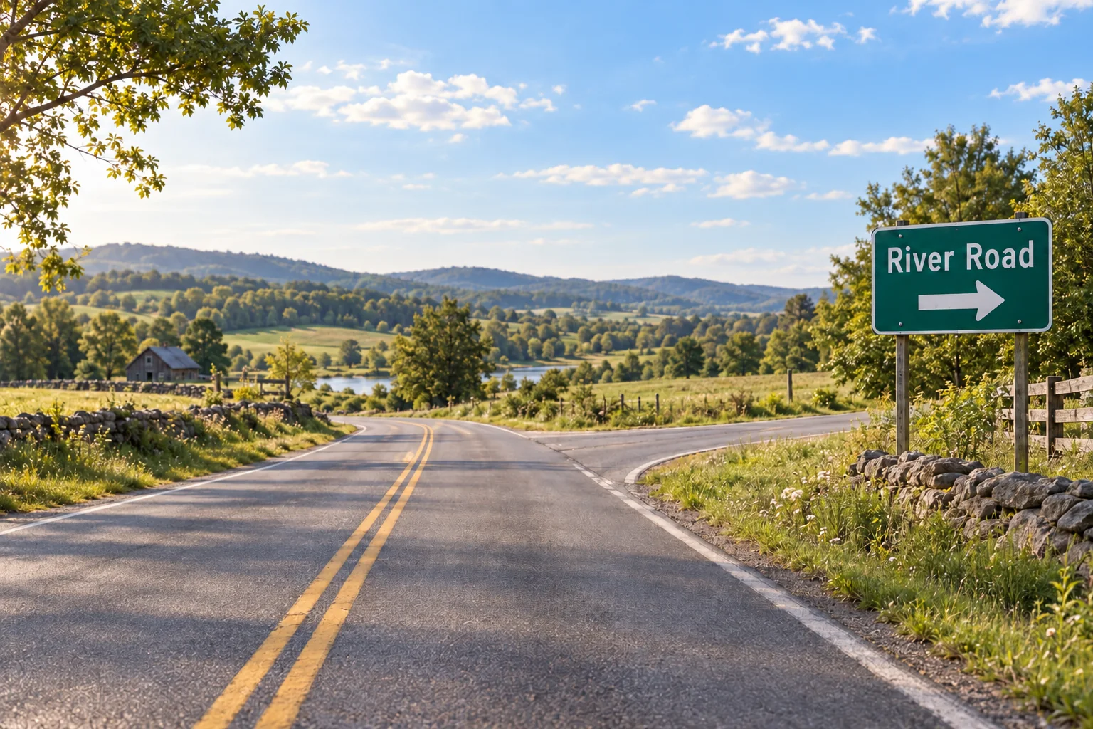 A country road forking right at a green sign reading River Road. PlainWay's banner above it says: 500 feet, turn right onto River Road. A note beneath says the map calls the same road County Road 12.